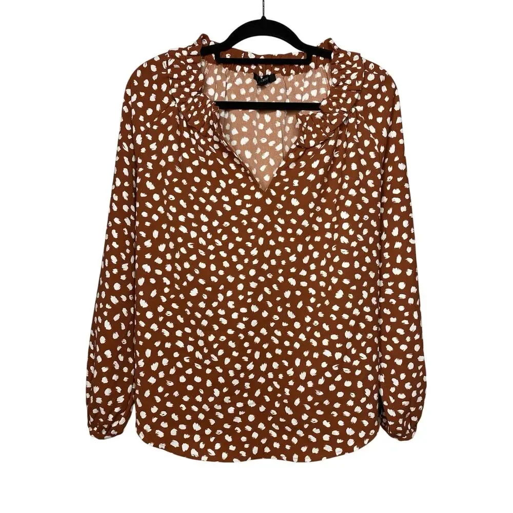 J. Crew Drapey Printed Polka Dot Blouse Women's Medium V-Neck Casual Long Sleeve